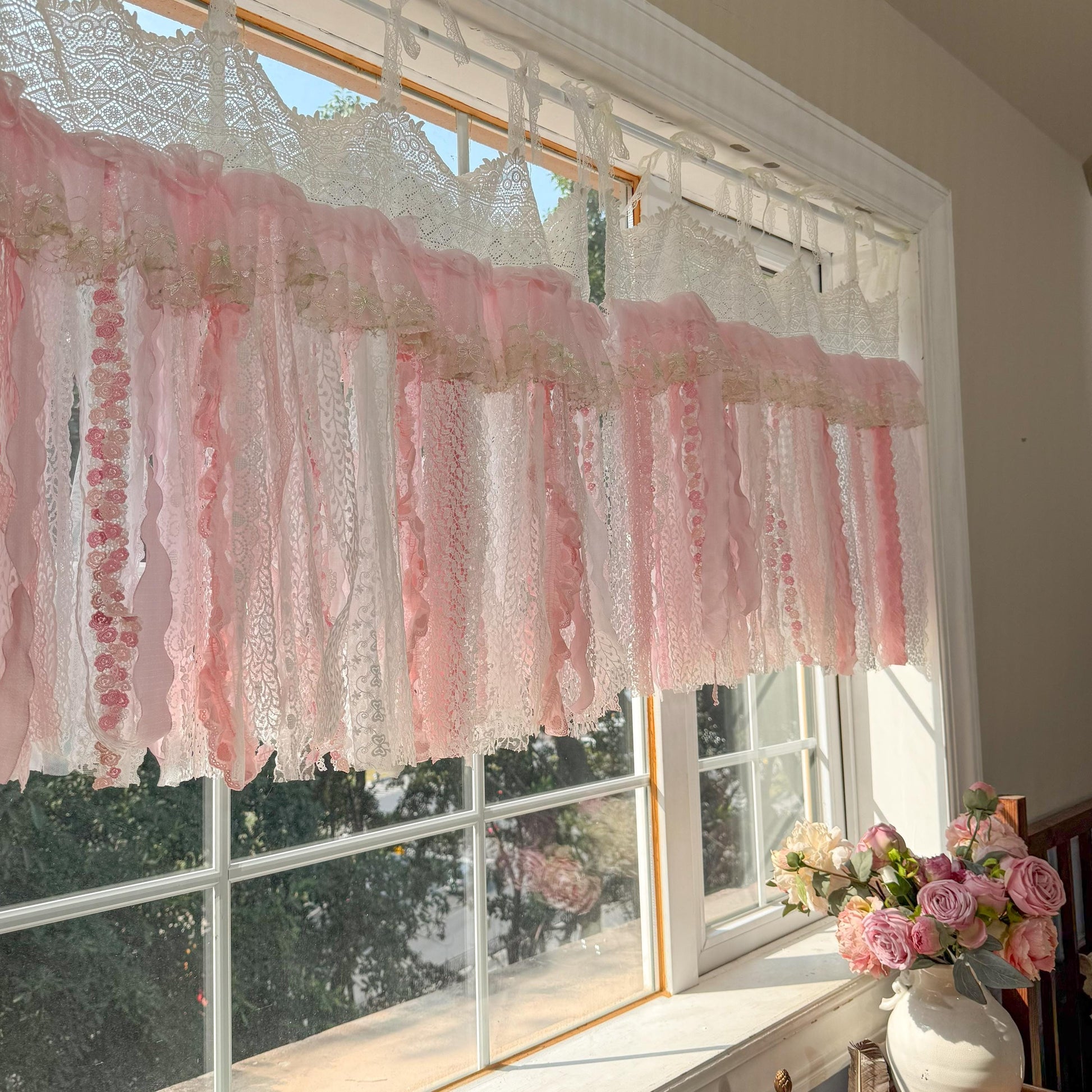 Romantic Embroidery Rose Curtain Valance, Shabby Light Pink Lace Valance, Cafe Curtain, Farmhouse Country Kitchen Curtains,H-25inch (63cm)