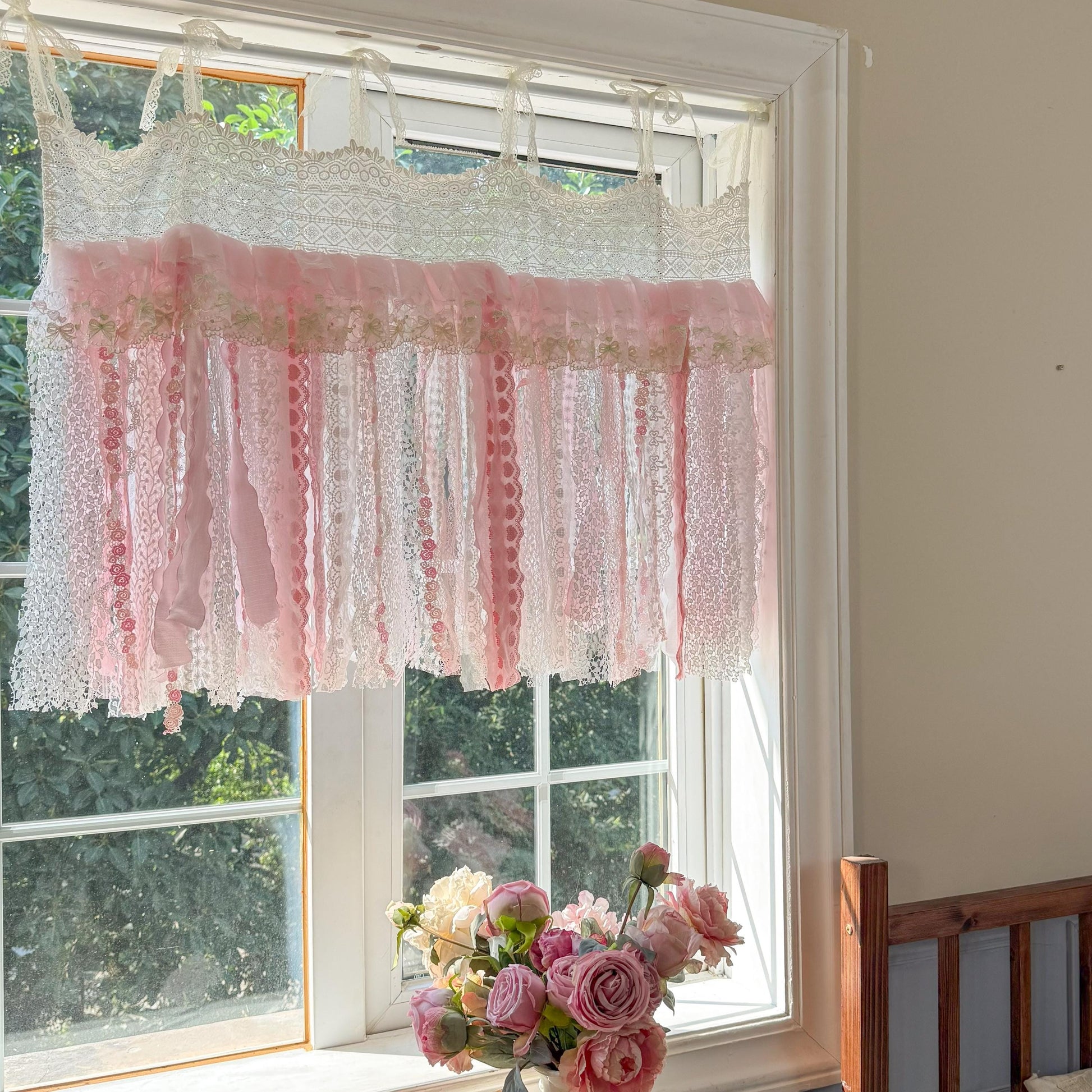 Romantic Embroidery Rose Curtain Valance, Shabby Light Pink Lace Valance, Cafe Curtain, Farmhouse Country Kitchen Curtains,H-25inch (63cm)