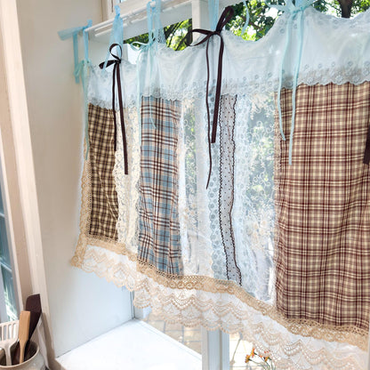 Handmade Blue Brown Patchwork Lace Curtain Valance, Gingham Cafe Curtains with Embroidery Lace, Farmhouse Kitchen Curtains, H-26in (65cm)