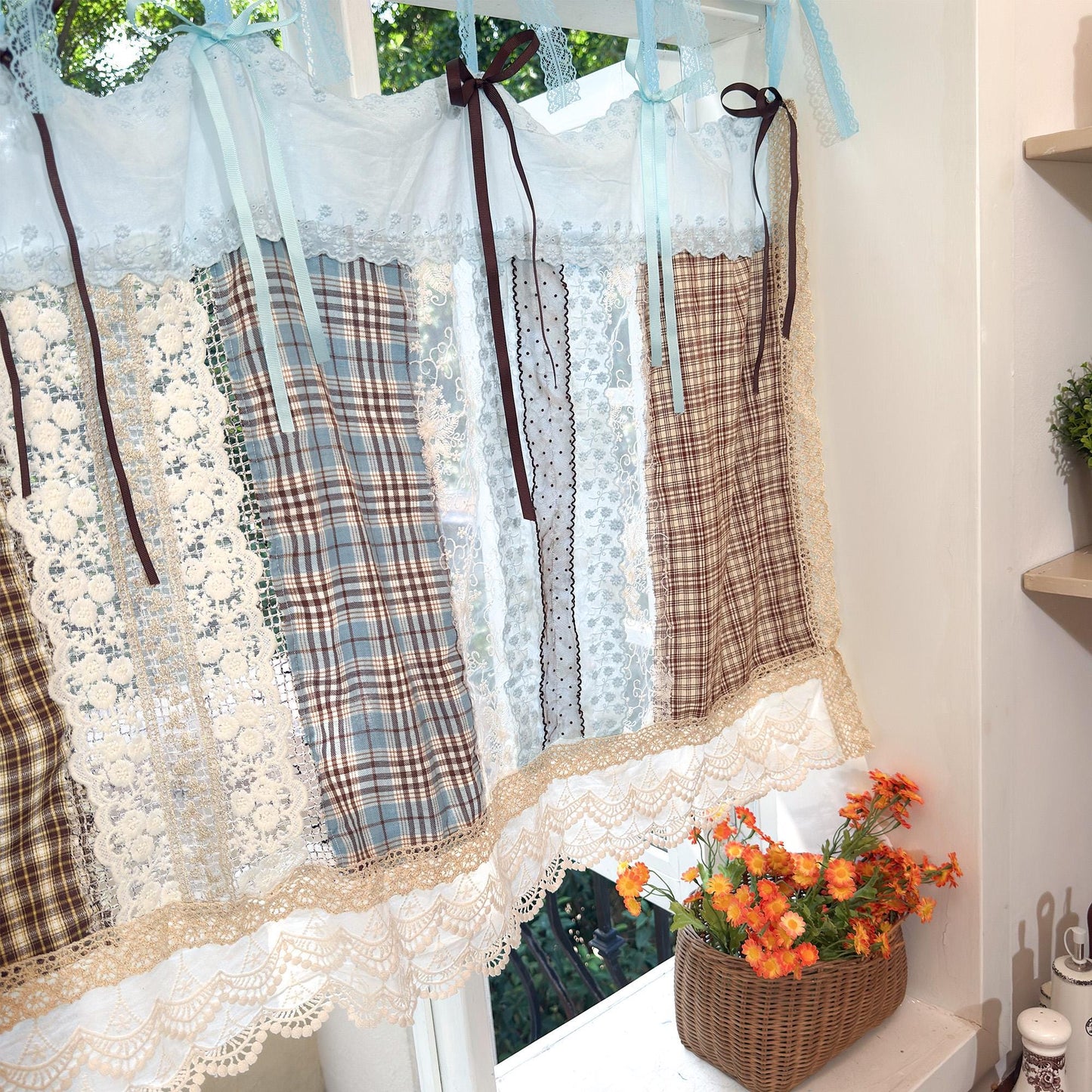 Handmade Blue Brown Patchwork Lace Curtain Valance, Gingham Cafe Curtains with Embroidery Lace, Farmhouse Kitchen Curtains, H-26in (65cm)