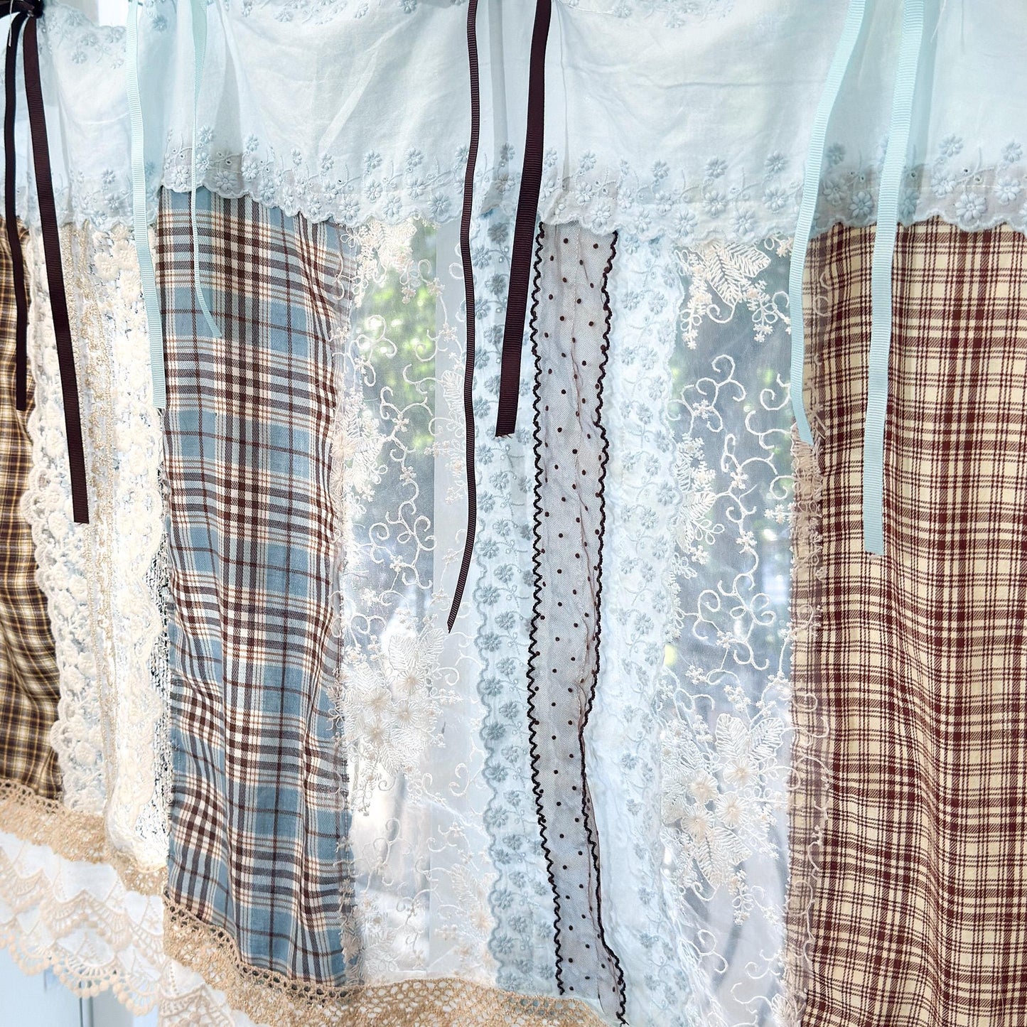 Handmade Blue Brown Patchwork Lace Curtain Valance, Gingham Cafe Curtains with Embroidery Lace, Farmhouse Kitchen Curtains, H-26in (65cm)
