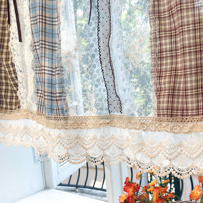 Handmade Blue Brown Patchwork Lace Curtain Valance, Gingham Cafe Curtains with Embroidery Lace, Farmhouse Kitchen Curtains, H-26in (65cm)