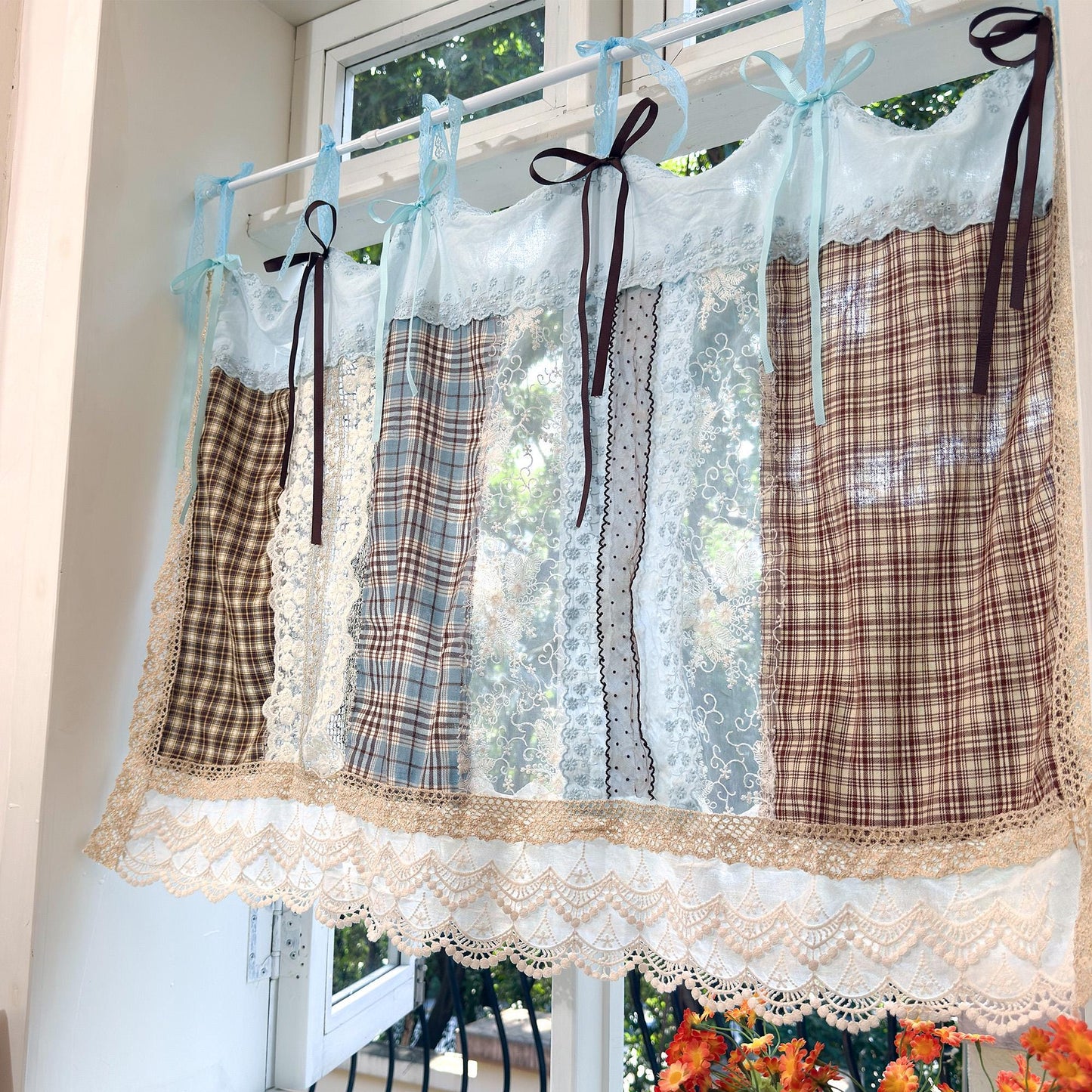 Handmade Blue Brown Patchwork Lace Curtain Valance, Gingham Cafe Curtains with Embroidery Lace, Farmhouse Kitchen Curtains, H-26in (65cm)