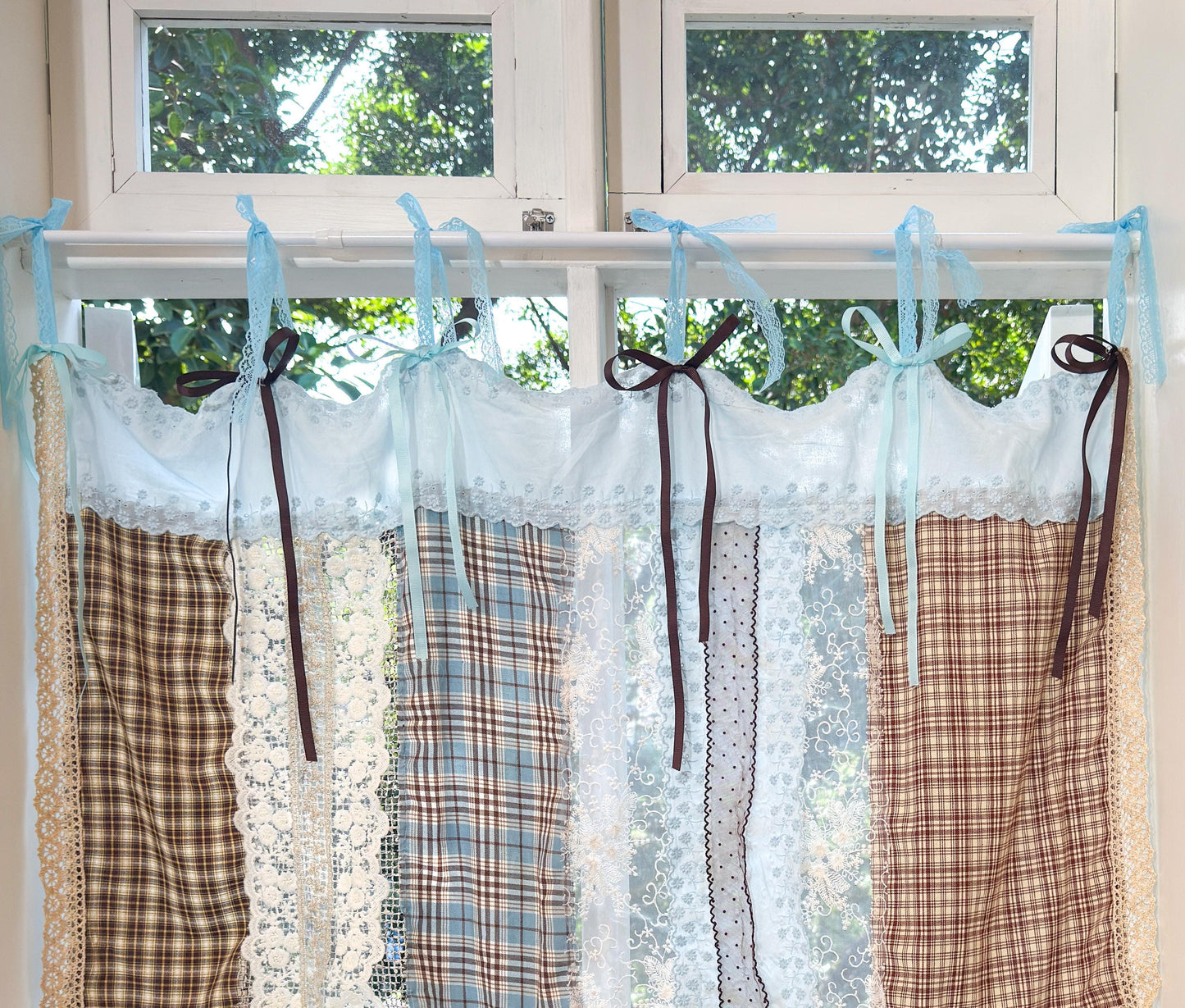 Handmade Blue Brown Patchwork Lace Curtain Valance, Gingham Cafe Curtains with Embroidery Lace, Farmhouse Kitchen Curtains, H-26in (65cm)