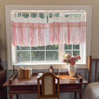 Romantic Embroidery Rose Curtain Valance, Shabby Light Pink Lace Valance, Cafe Curtain, Farmhouse Country Kitchen Curtains,H-25inch (63cm)