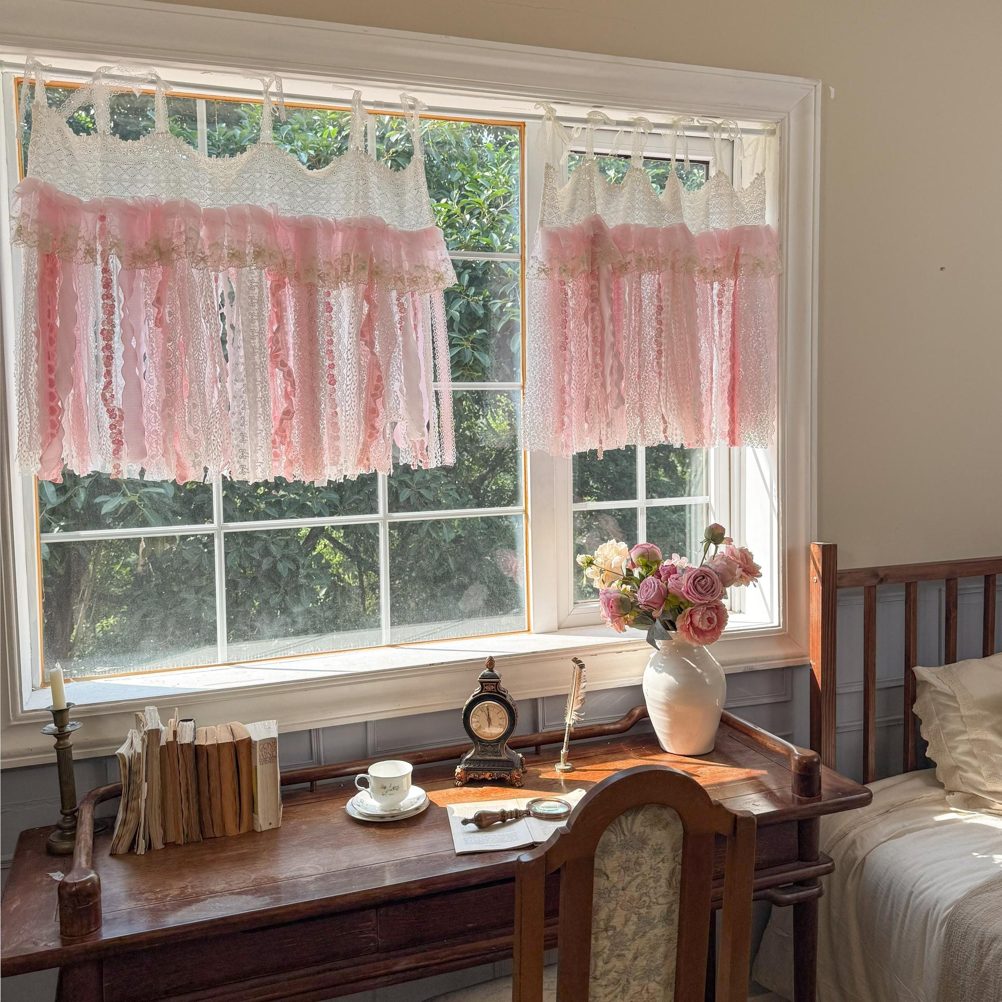 Romantic Embroidery Rose Curtain Valance, Shabby Light Pink Lace Valance, Cafe Curtain, Farmhouse Country Kitchen Curtains,H-25inch (63cm)