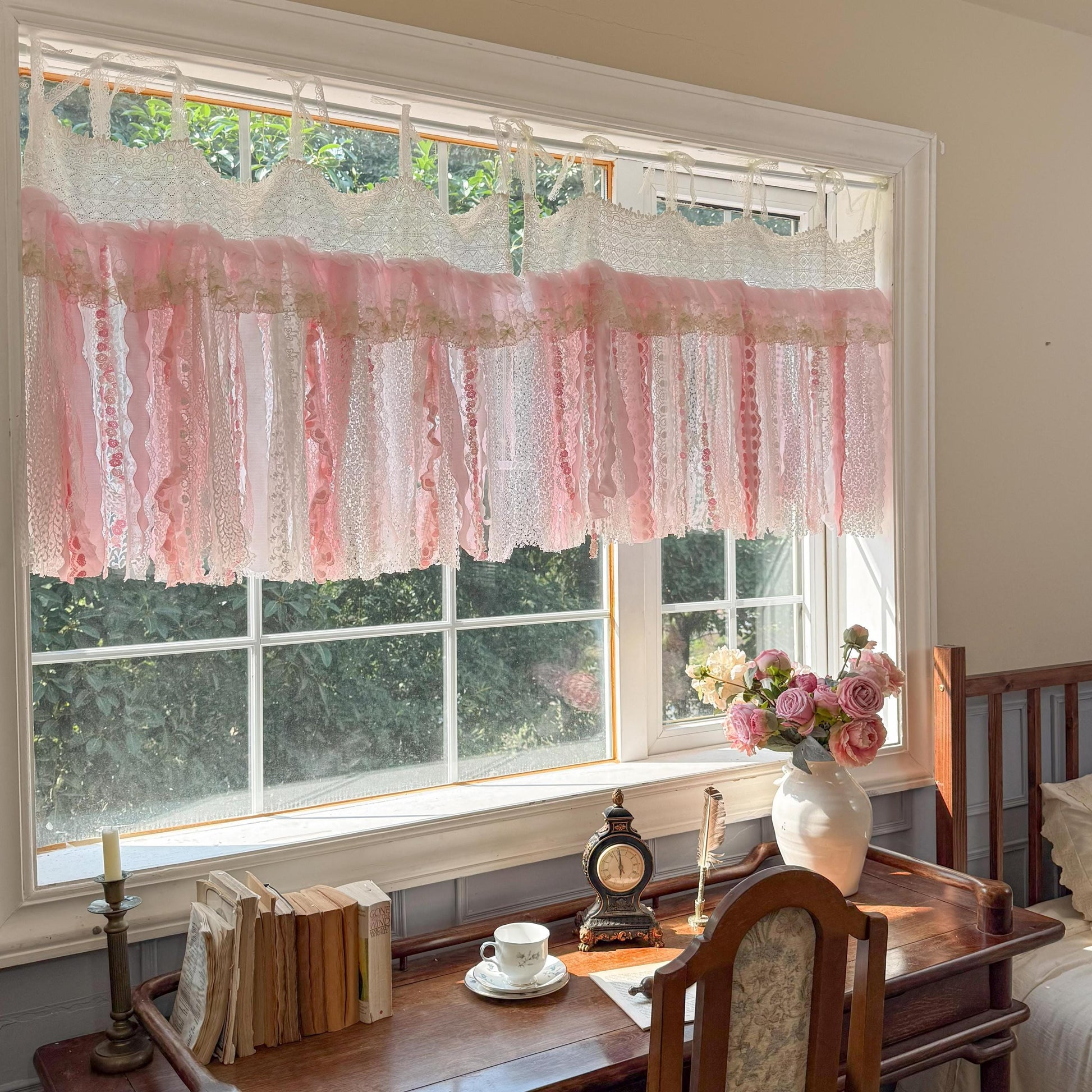 Romantic Embroidery Rose Curtain Valance, Shabby Light Pink Lace Valance, Cafe Curtain, Farmhouse Country Kitchen Curtains,H-25inch (63cm)