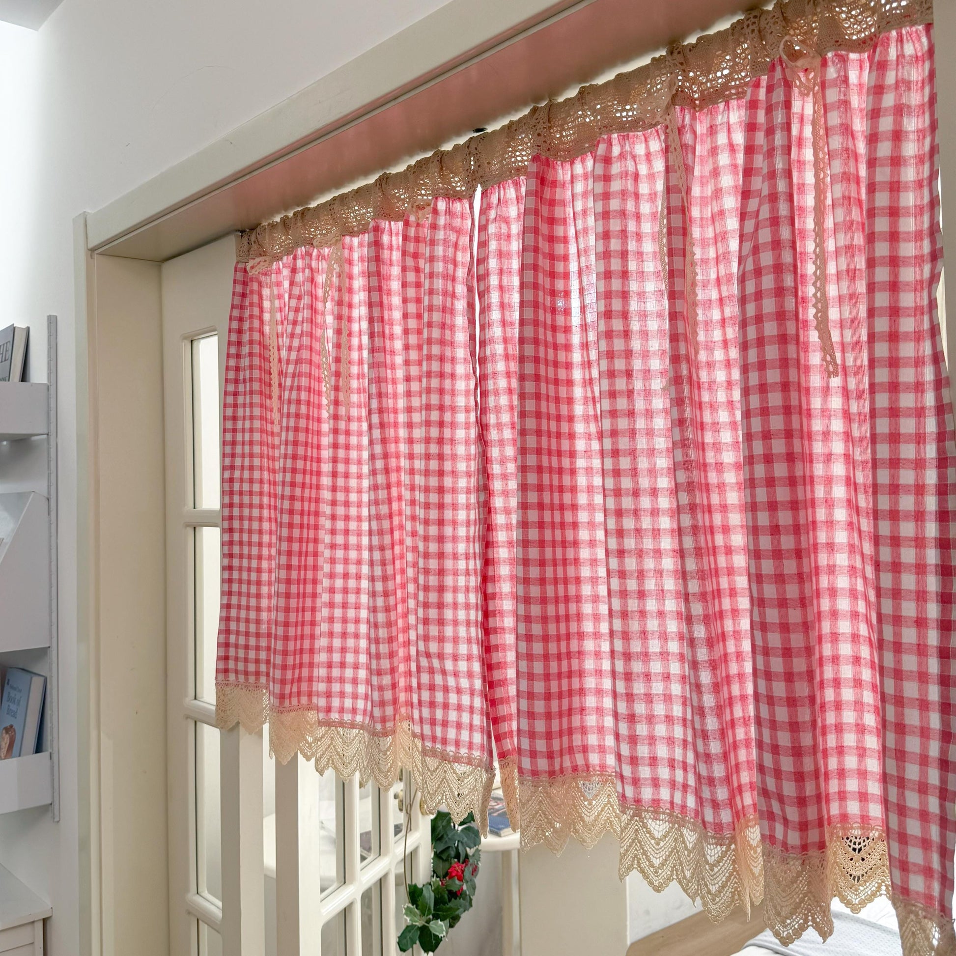 Green Gingham Crochet Cafe Curtains Valances with Lace, Farmhouse Country Kitchen Short Curtain, Cotton Linen Curtain, Custom Curtains Sizes