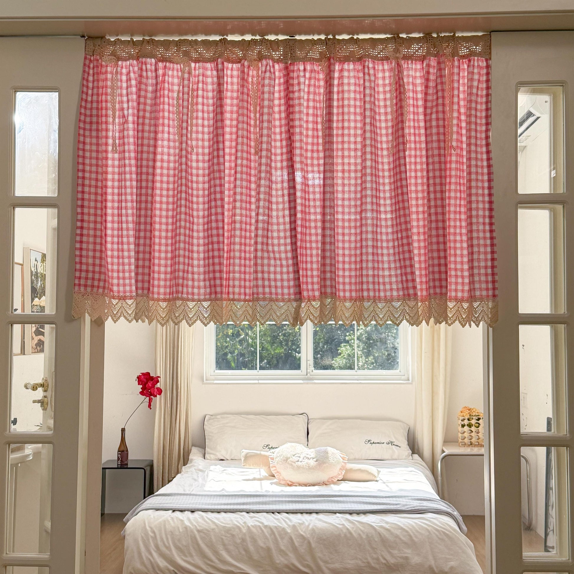 Green Gingham Crochet Cafe Curtains Valances with Lace, Farmhouse Country Kitchen Short Curtain, Cotton Linen Curtain, Custom Curtains Sizes