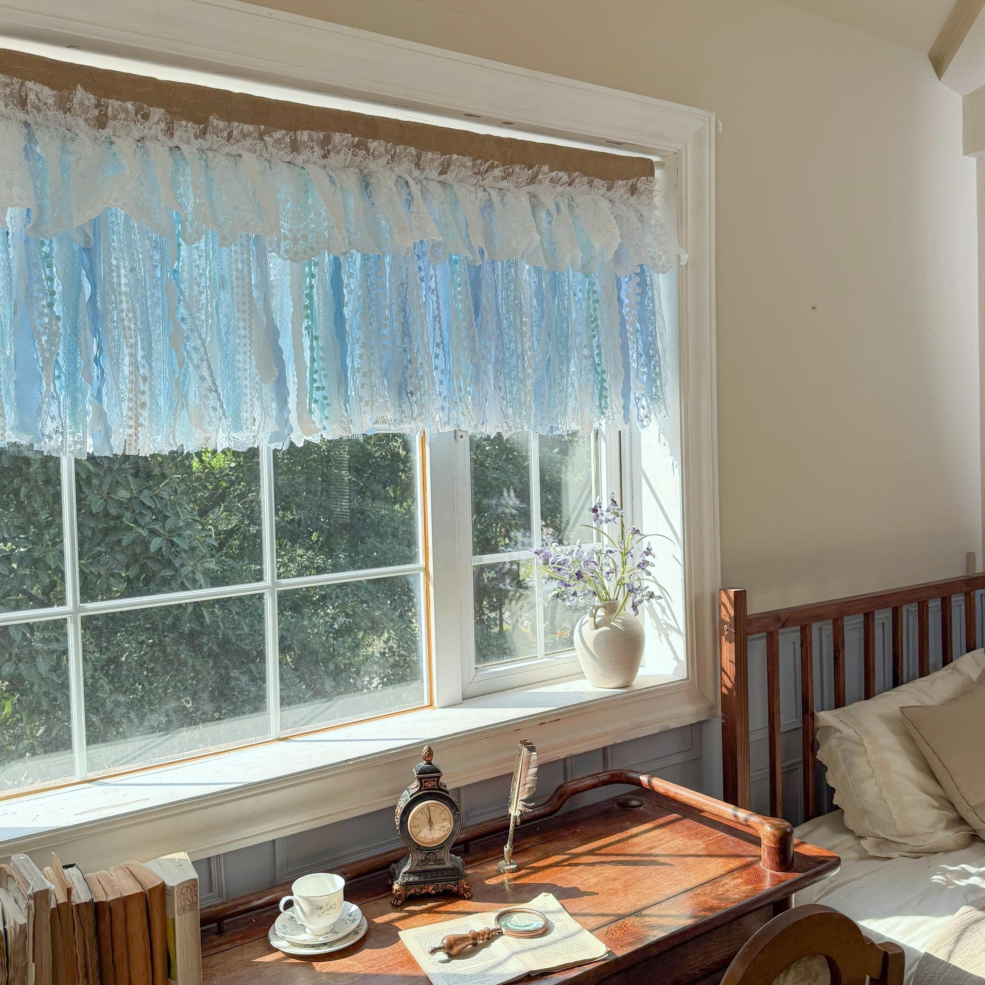 Custom Rustic Unique Burlap White Blue Lace Valance, New Farmhouse Country Kitchen Curtains, Shabby Chic Cafe Curtains, H-25inch (63cm)