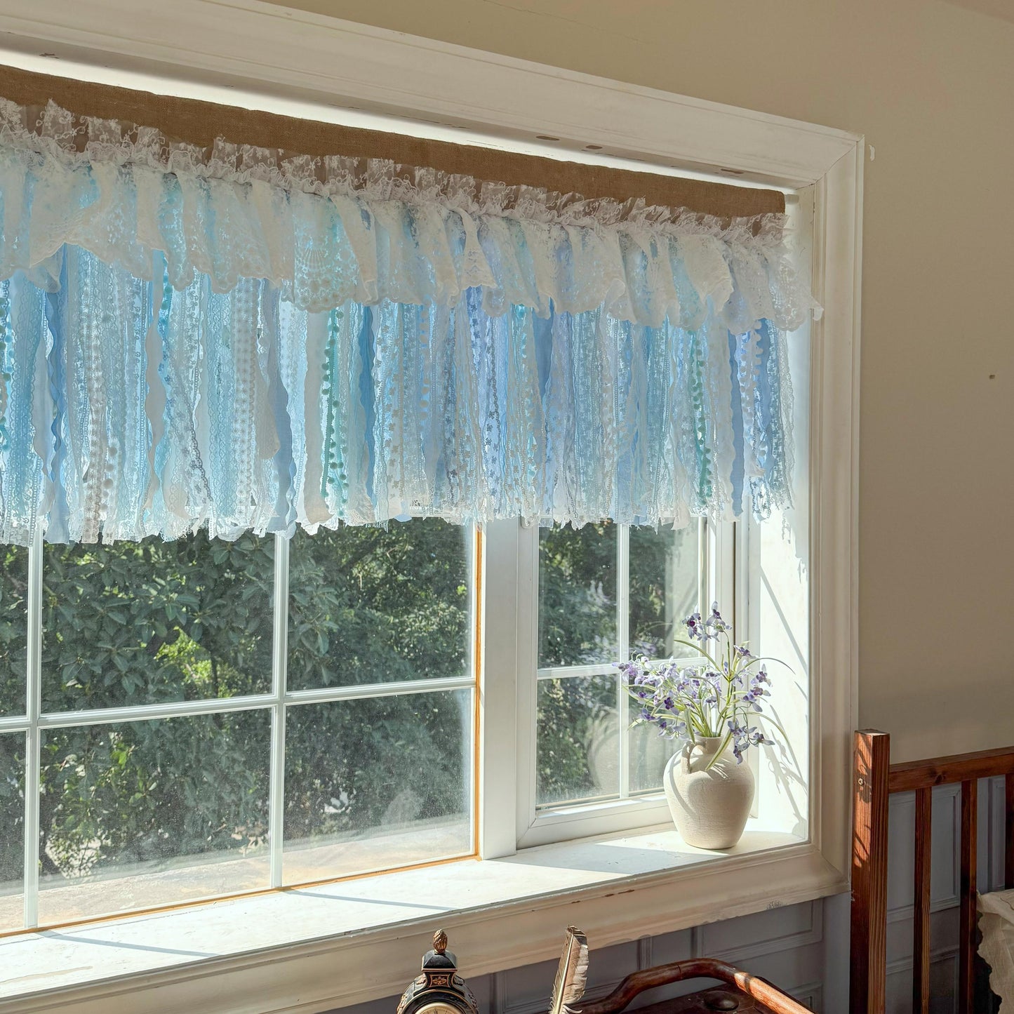 Custom Rustic Unique Burlap White Blue Lace Valance, New Farmhouse Country Kitchen Curtains, Shabby Chic Cafe Curtains, H-25inch (63cm)