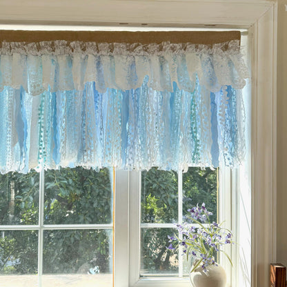 Custom Rustic Unique Burlap White Blue Lace Valance, New Farmhouse Country Kitchen Curtains, Shabby Chic Cafe Curtains, H-25inch (63cm)