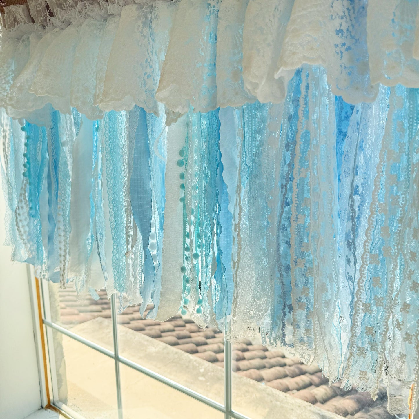 Custom Rustic Unique Burlap White Blue Lace Valance, New Farmhouse Country Kitchen Curtains, Shabby Chic Cafe Curtains, H-25inch (63cm)