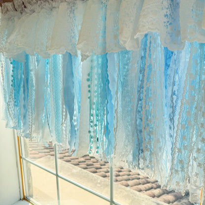 Custom Rustic Unique Burlap White Blue Lace Valance, New Farmhouse Country Kitchen Curtains, Shabby Chic Cafe Curtains, H-25inch (63cm)