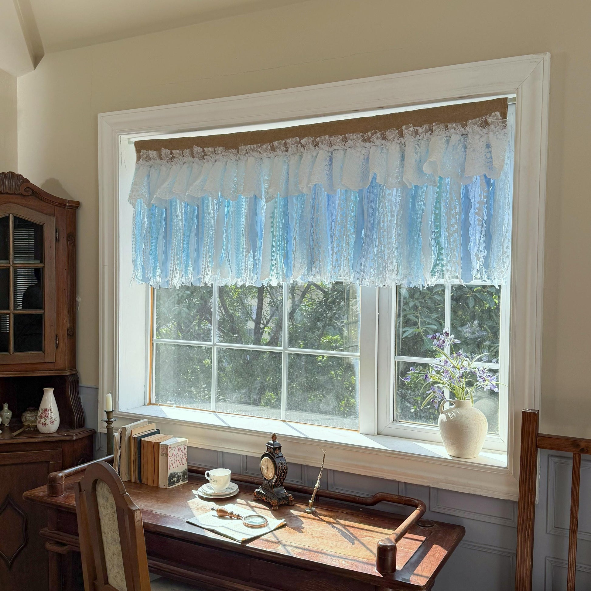 Custom Rustic Unique Burlap White Blue Lace Valance, New Farmhouse Country Kitchen Curtains, Shabby Chic Cafe Curtains, H-25inch (63cm)