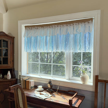 Custom Rustic Unique Burlap White Blue Lace Valance, New Farmhouse Country Kitchen Curtains, Shabby Chic Cafe Curtains, H-25inch (63cm)