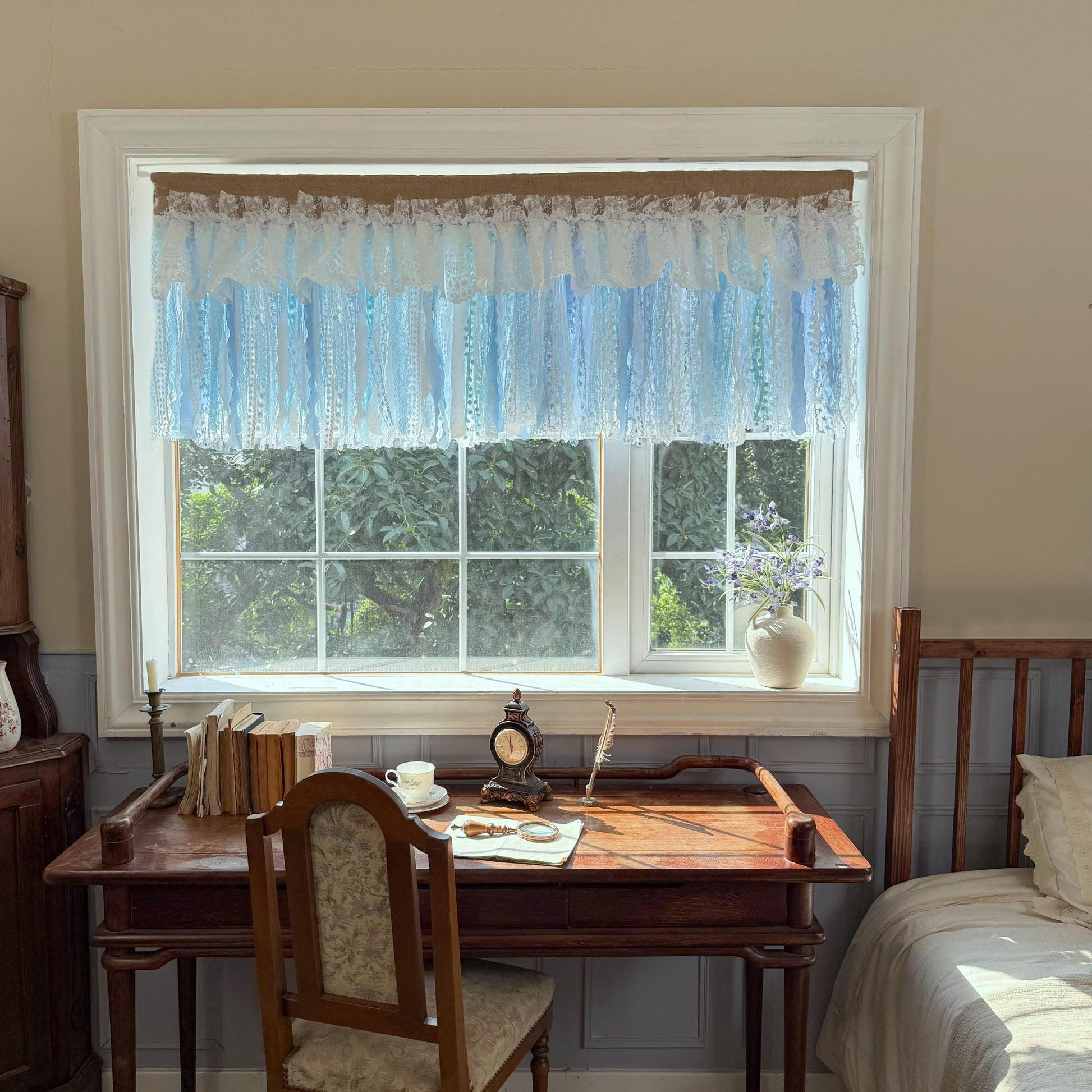 Custom Rustic Unique Burlap White Blue Lace Valance, New Farmhouse Country Kitchen Curtains, Shabby Chic Cafe Curtains, H-25inch (63cm)