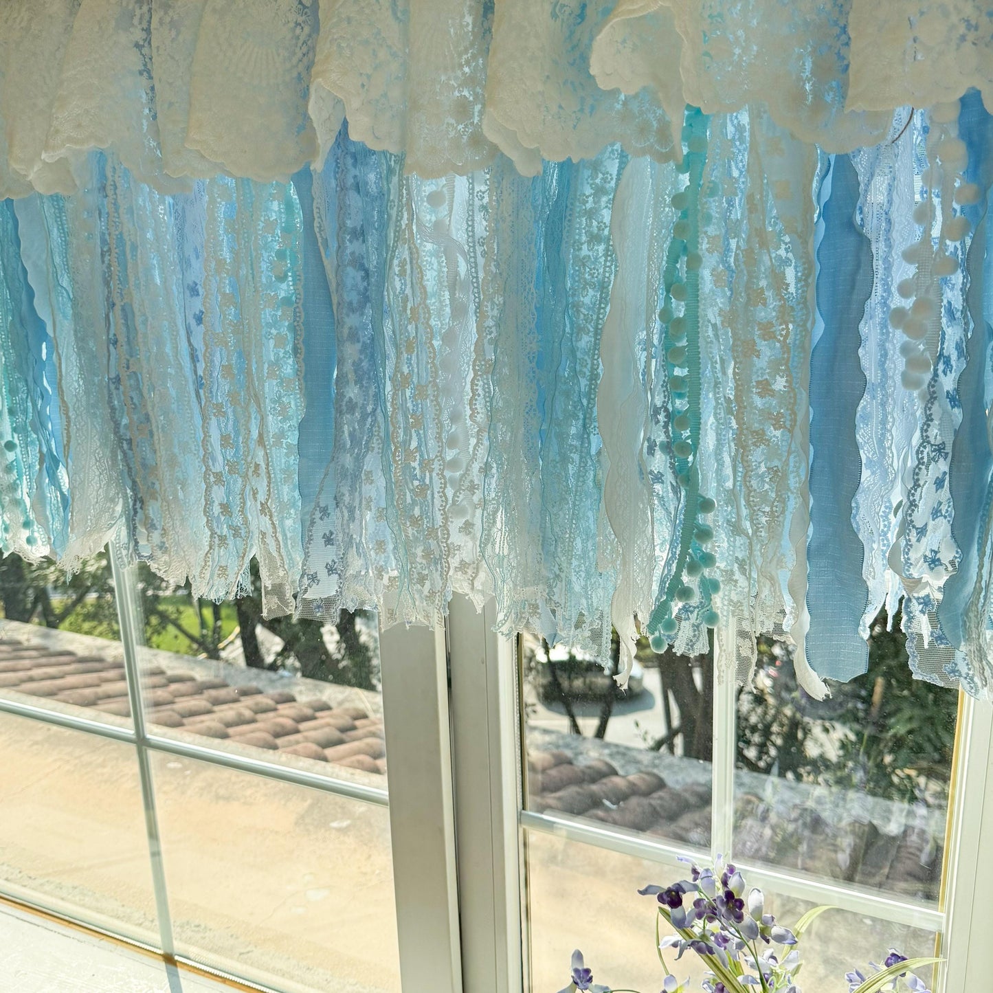 Custom Rustic Unique Burlap White Blue Lace Valance, New Farmhouse Country Kitchen Curtains, Shabby Chic Cafe Curtains, H-25inch (63cm)