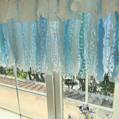 Custom Rustic Unique Burlap White Blue Lace Valance, New Farmhouse Country Kitchen Curtains, Shabby Chic Cafe Curtains, H-25inch (63cm)