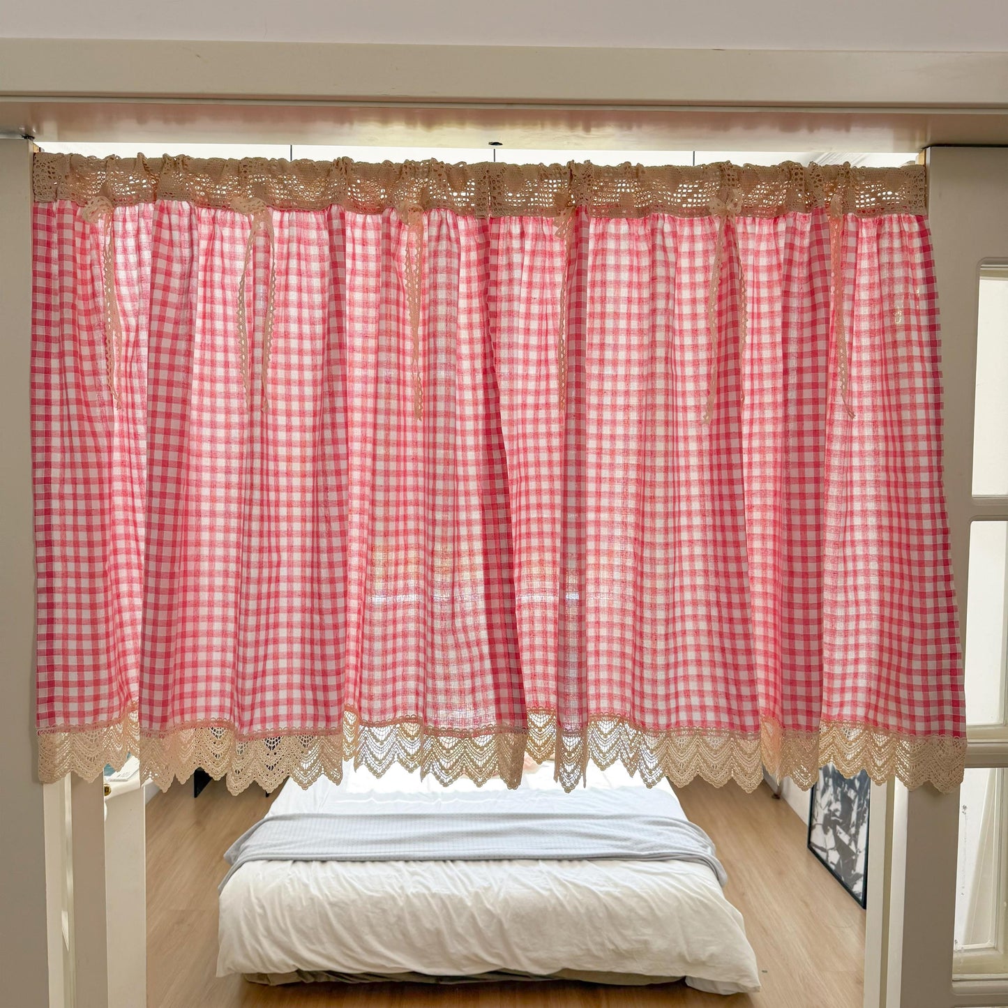 Green Gingham Crochet Cafe Curtains Valances with Lace, Farmhouse Country Kitchen Short Curtain, Cotton Linen Curtain, Custom Curtains Sizes