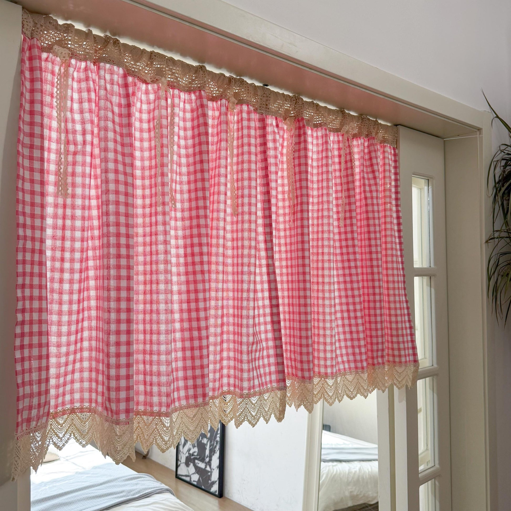 Green Gingham Crochet Cafe Curtains Valances with Lace, Farmhouse Country Kitchen Short Curtain, Cotton Linen Curtain, Custom Curtains Sizes