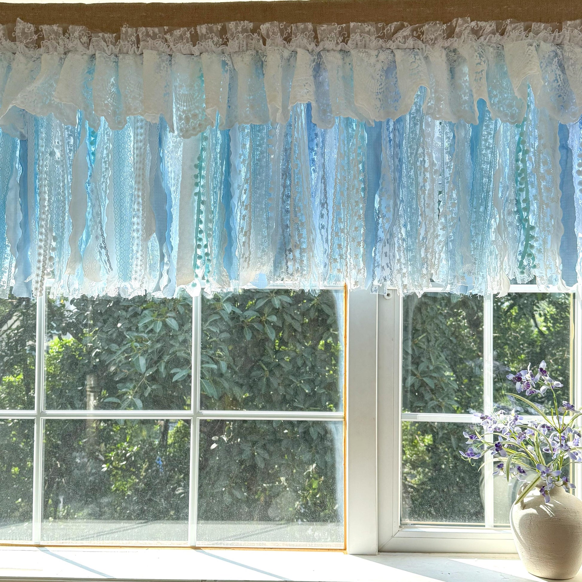Custom Rustic Unique Burlap White Blue Lace Valance, New Farmhouse Country Kitchen Curtains, Shabby Chic Cafe Curtains, H-25inch (63cm)