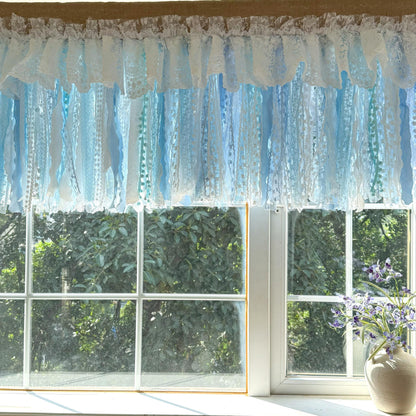Custom Rustic Unique Burlap White Blue Lace Valance, New Farmhouse Country Kitchen Curtains, Shabby Chic Cafe Curtains, H-25inch (63cm)