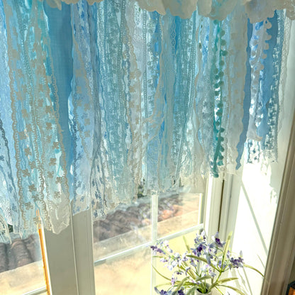 Custom Rustic Unique Burlap White Blue Lace Valance, New Farmhouse Country Kitchen Curtains, Shabby Chic Cafe Curtains, H-25inch (63cm)
