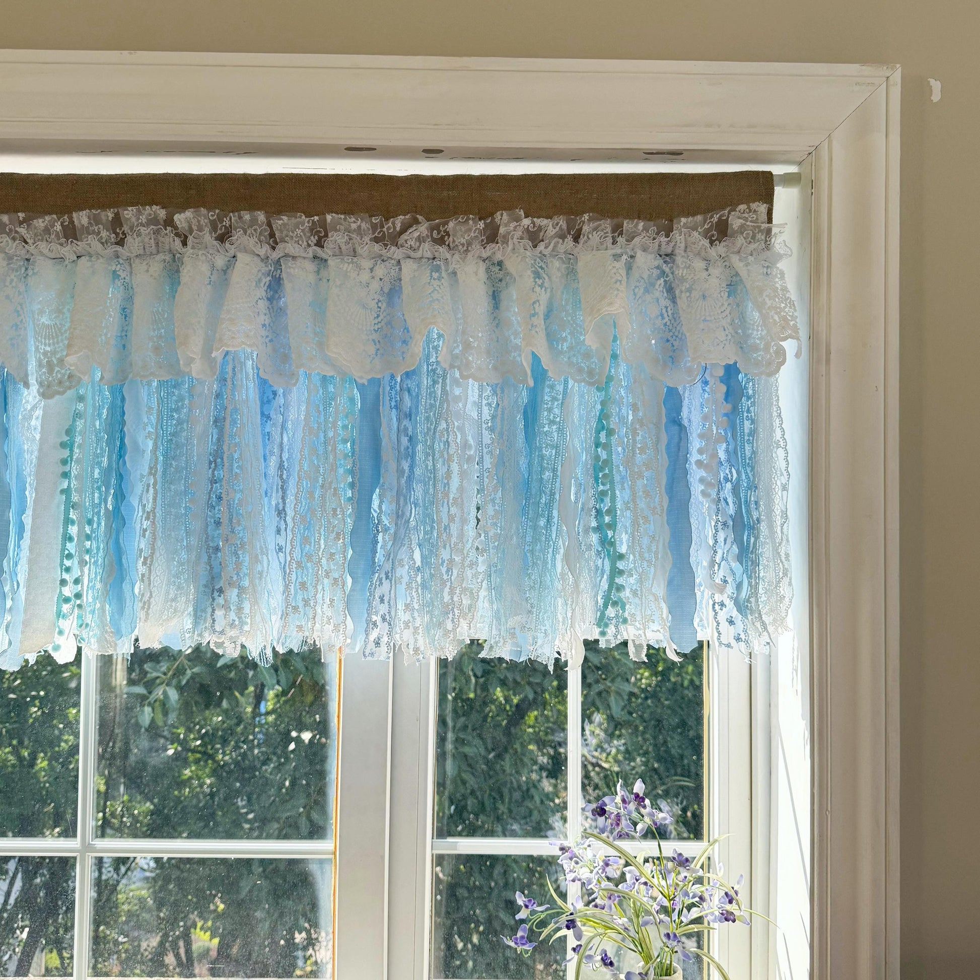 Custom Rustic Unique Burlap White Blue Lace Valance, New Farmhouse Country Kitchen Curtains, Shabby Chic Cafe Curtains, H-25inch (63cm)