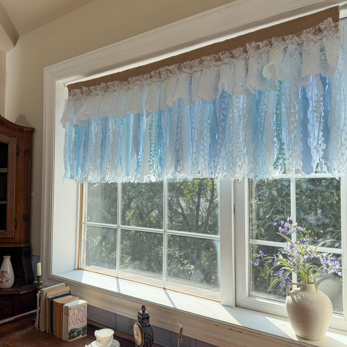 Custom Rustic Unique Burlap White Blue Lace Valance, New Farmhouse Country Kitchen Curtains, Shabby Chic Cafe Curtains, H-25inch (63cm)