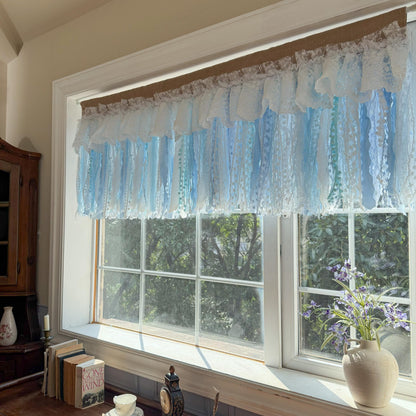 Custom Rustic Unique Burlap White Blue Lace Valance, New Farmhouse Country Kitchen Curtains, Shabby Chic Cafe Curtains, H-25inch (63cm)