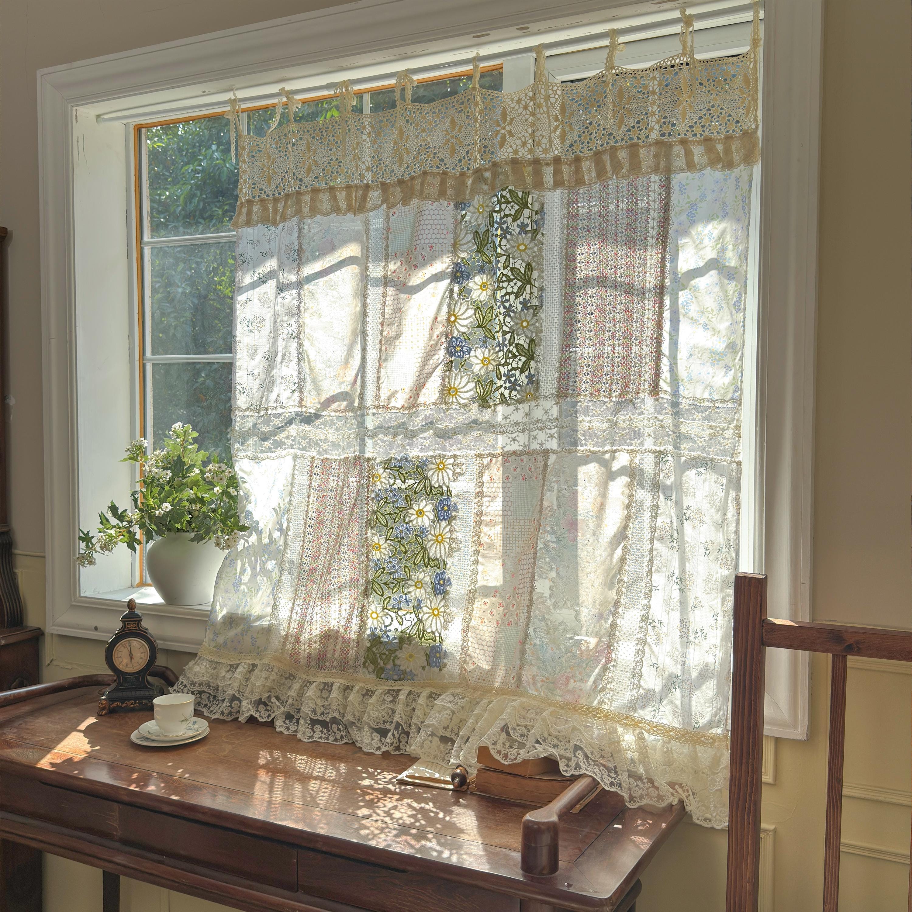 Romantic Green Embroidery Floral Vintage Patchwork Lace Curtain Valance, Flowers Backdrop Decor, Farmhouse Kitchen Curtain, Cafe Curtains