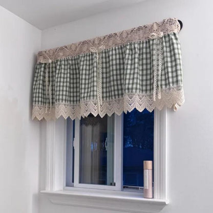 Green Gingham Crochet Cafe Curtains Valances with Lace, Farmhouse Country Kitchen Short Curtain, Cotton Linen Curtain, Custom Curtains Sizes
