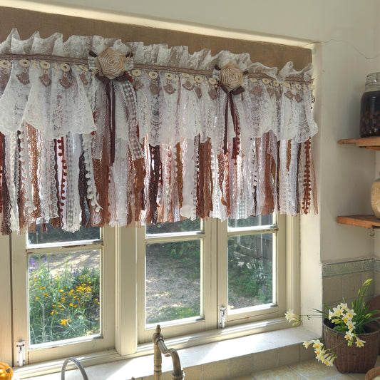 UDreamHome Burlap White Coffee Brown Lace Bedroom Valance