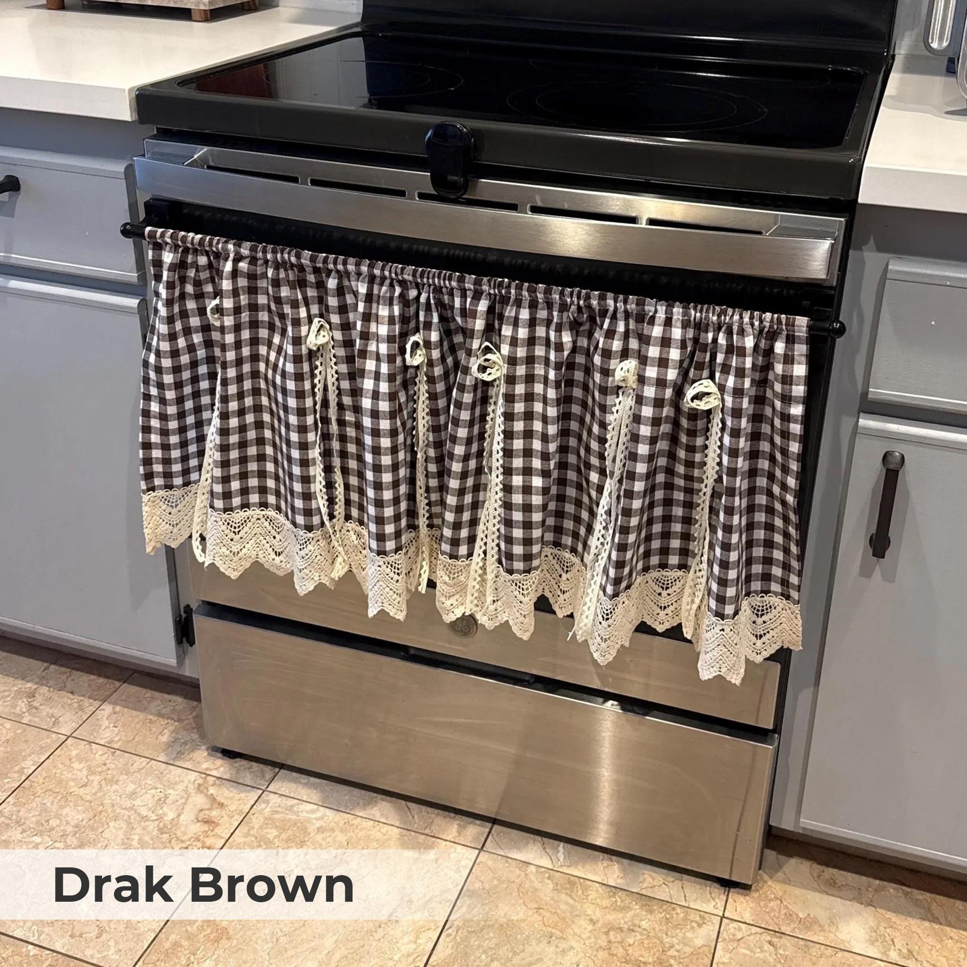 Green Gingham Cafe Curtains Valances with Lace, Farmhouse Country Kitchen Short Curtains, Cotton Linen Half Curtains, Custom Curtains Sizes