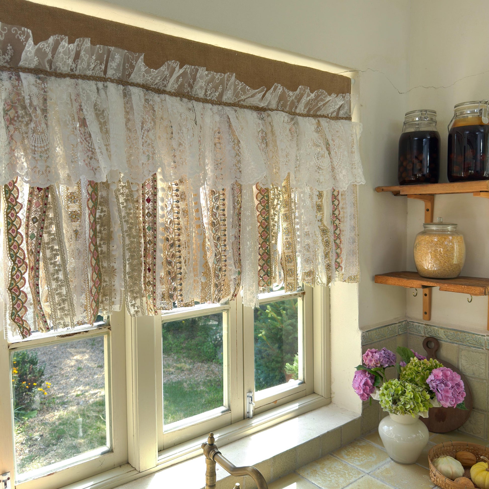 UDreamHome Rustic Burlap Beige White Glod Lace Valance