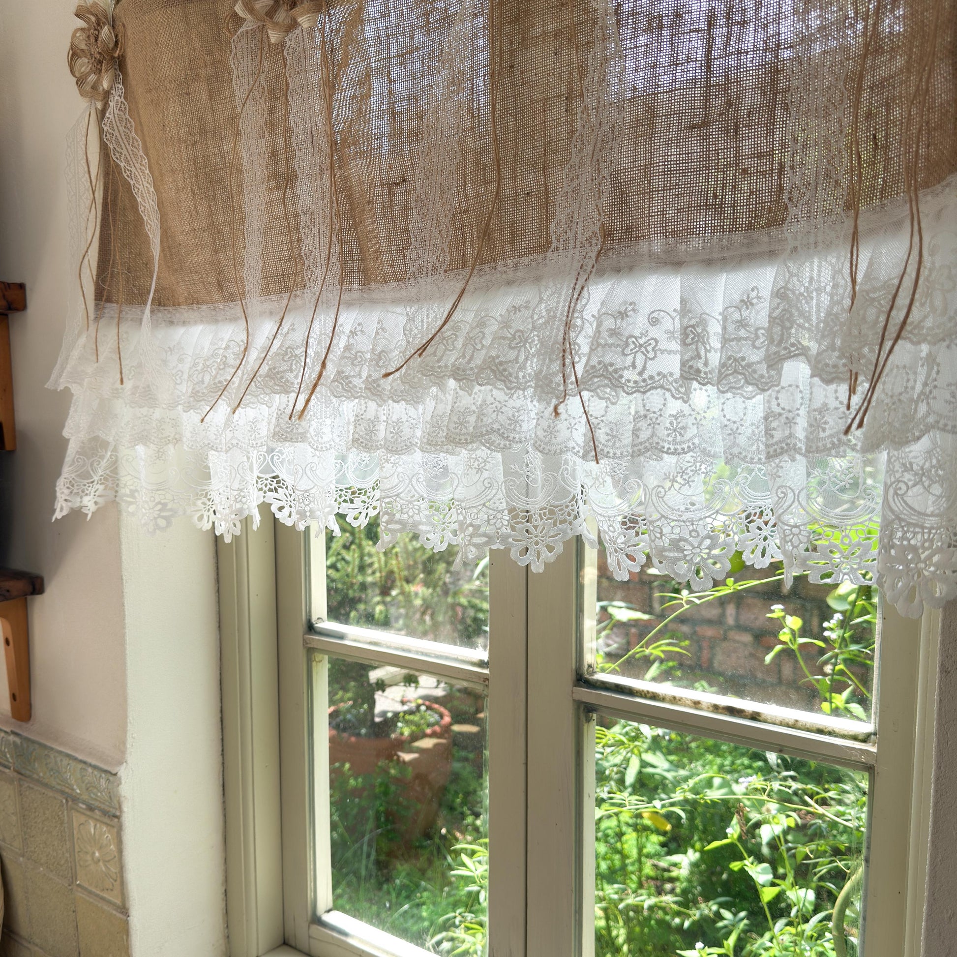 Rustic Cottage Farmhouse Burlap Lace Valance Jute Bows, Shabby Chic Window Curtains Topper, White Ruffled Tab Top Valance, H-22inch (55cm)
