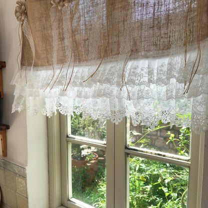 Rustic Cottage Farmhouse Burlap Lace Valance Jute Bows, Shabby Chic Window Curtains Topper, White Ruffled Tab Top Valance, H-22inch (55cm)