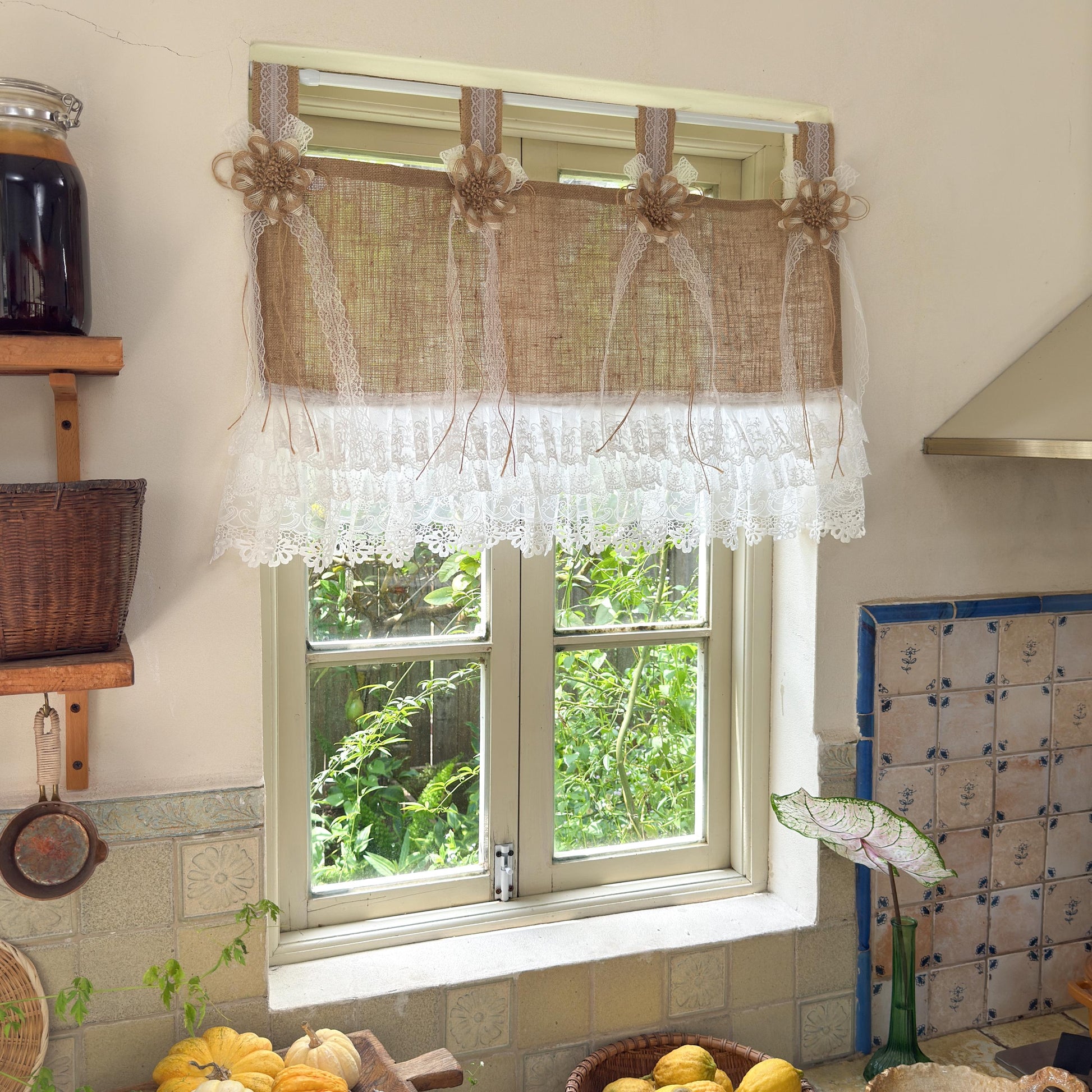 Rustic Cottage Farmhouse Burlap Lace Valance Jute Bows, Shabby Chic Window Curtains Topper, White Ruffled Tab Top Valance, H-22inch (55cm)