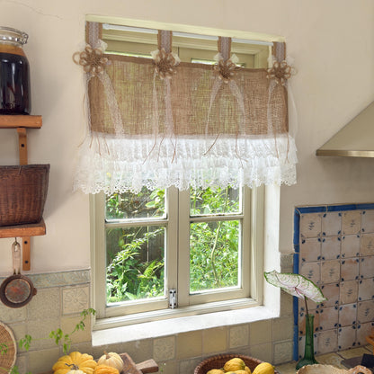 Rustic Cottage Farmhouse Burlap Lace Valance Jute Bows, Shabby Chic Window Curtains Topper, White Ruffled Tab Top Valance, H-22inch (55cm)