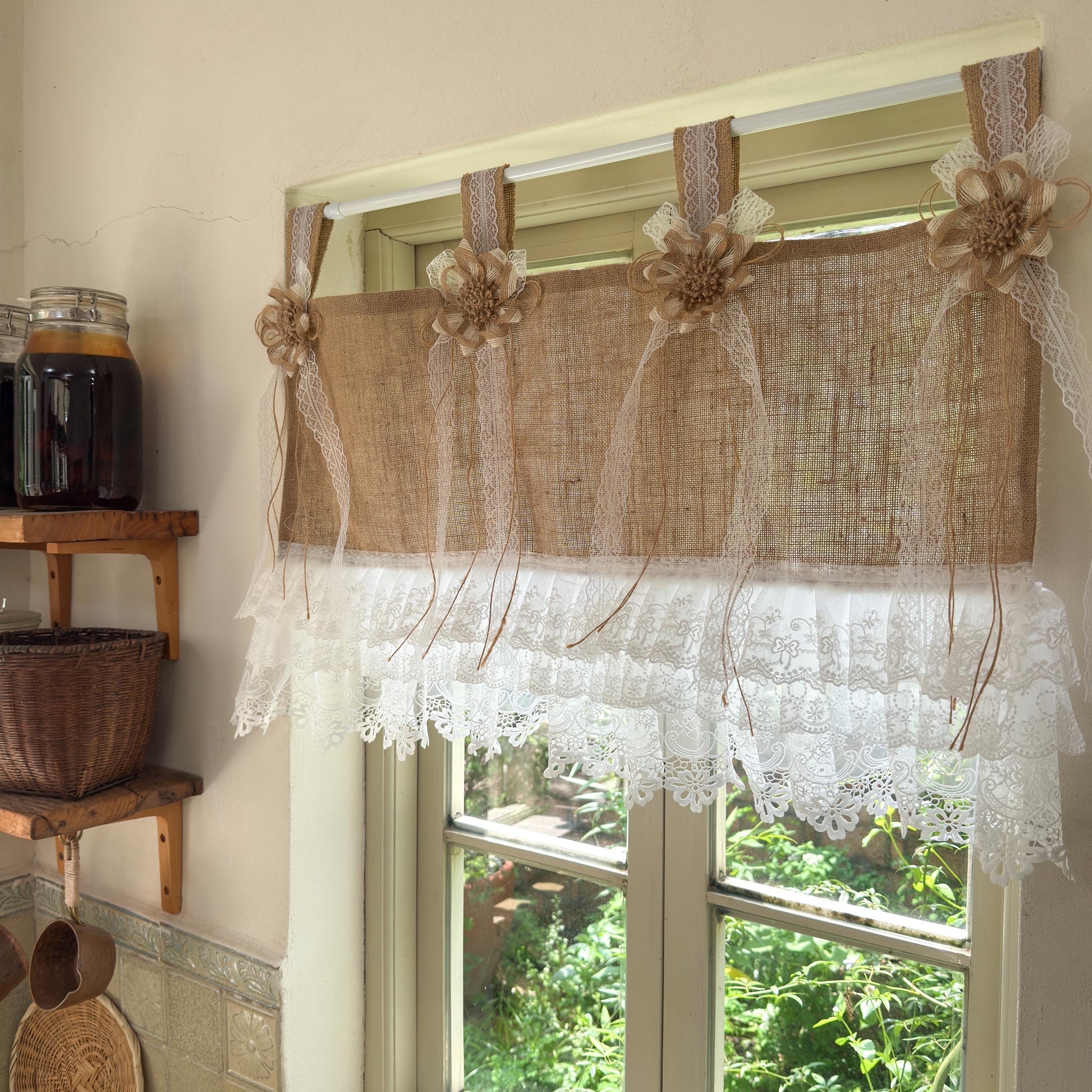 Rustic Cottage Farmhouse Burlap Lace Valance Jute Bows, Shabby Chic Window Curtains Topper, White Ruffled Tab Top Valance, H-22inch (55cm)