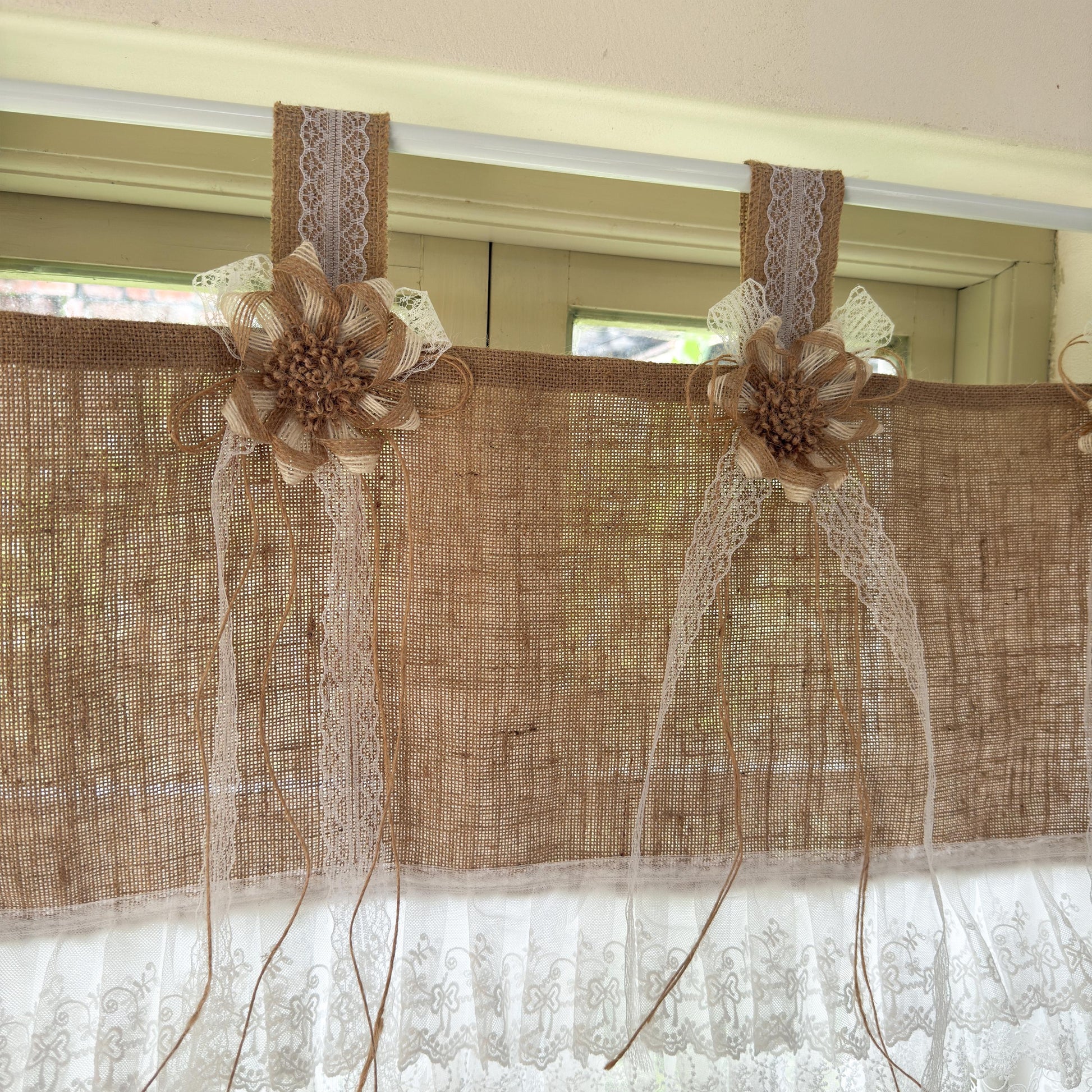 Rustic Cottage Farmhouse Burlap Lace Valance Jute Bows, Shabby Chic Window Curtains Topper, White Ruffled Tab Top Valance, H-22inch (55cm)