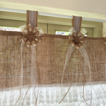 Rustic Cottage Farmhouse Burlap Lace Valance Jute Bows, Shabby Chic Window Curtains Topper, White Ruffled Tab Top Valance, H-22inch (55cm)