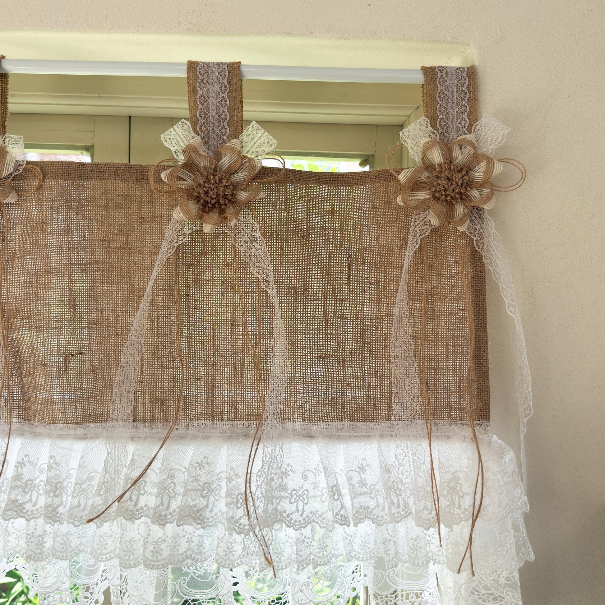 Rustic Cottage Farmhouse Burlap Lace Valance Jute Bows, Shabby Chic Window Curtains Topper, White Ruffled Tab Top Valance, H-22inch (55cm)