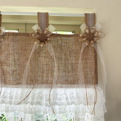 Rustic Cottage Farmhouse Burlap Lace Valance Jute Bows, Shabby Chic Window Curtains Topper, White Ruffled Tab Top Valance, H-22inch (55cm)