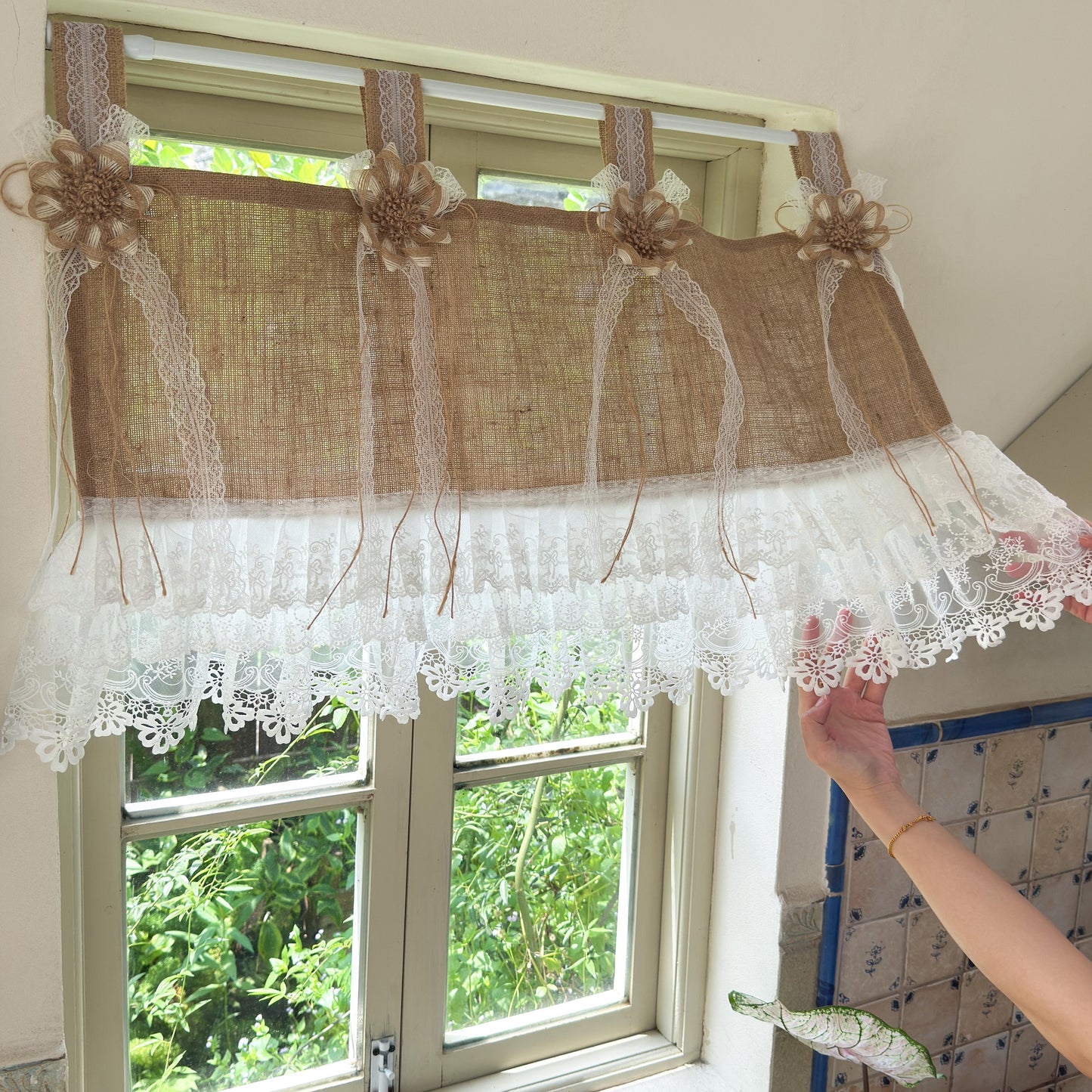 Rustic Cottage Farmhouse Burlap Lace Valance Jute Bows, Shabby Chic Window Curtains Topper, White Ruffled Tab Top Valance, H-22inch (55cm)