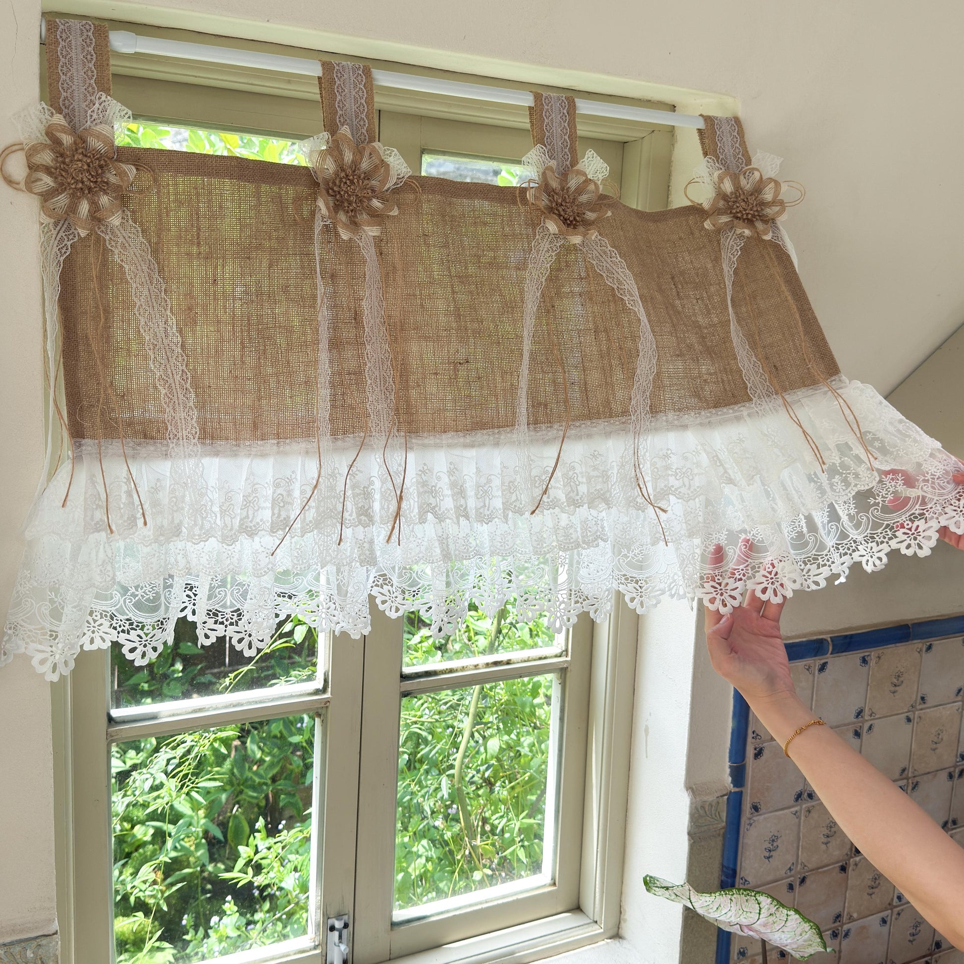 Rustic Cottage Farmhouse Burlap Lace Valance Jute Bows, Shabby Chic Window Curtains Topper, White Ruffled Tab Top Valance, H-22inch (55cm)