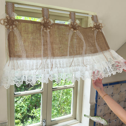 Rustic Cottage Farmhouse Burlap Lace Valance Jute Bows, Shabby Chic Window Curtains Topper, White Ruffled Tab Top Valance, H-22inch (55cm)