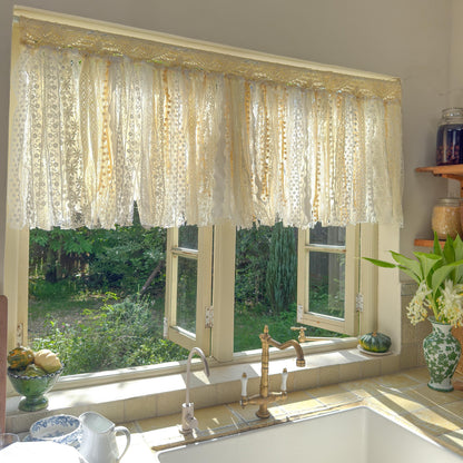 Rustic Shabby Chic Boho Curtains Valance, Beige White Crochet Lace Cafe Curtain, Cottagecore Farmhouse Kitchen Half Curtain, H-22inch (56cm)