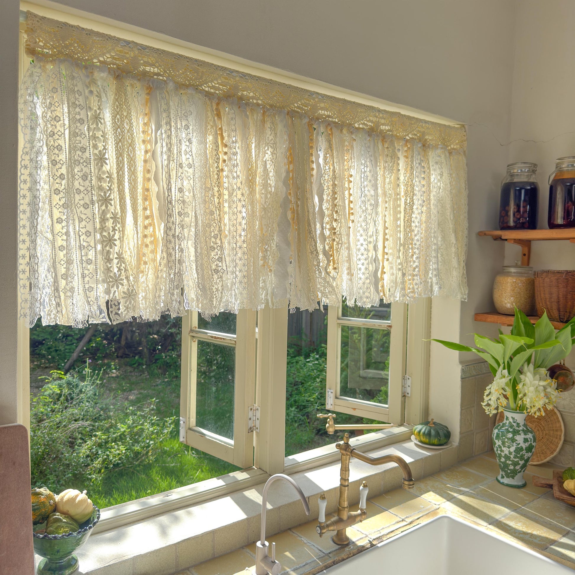 Rustic Shabby Chic Boho Curtains Valance, Beige White Crochet Lace Cafe Curtain, Cottagecore Farmhouse Kitchen Half Curtain, H-22inch (56cm)